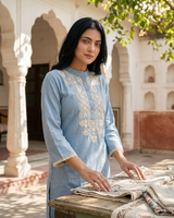 Back view of Powder Blue Embroidery High Neck Co Ord Set from Kunvarani