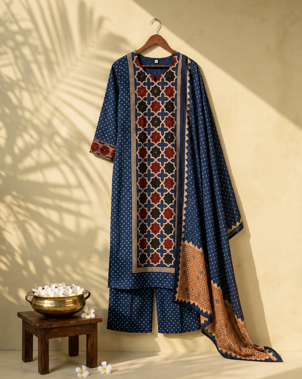 Blue Ajrakh Print Kurti Set with Dupatta