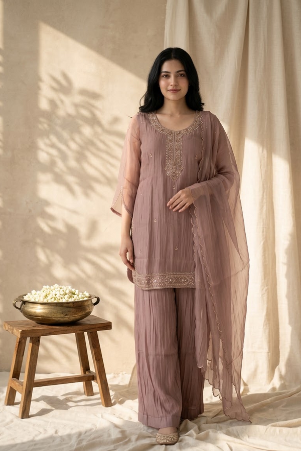 Baby Pink Tissue Beadwork Suit Set with Dupatta