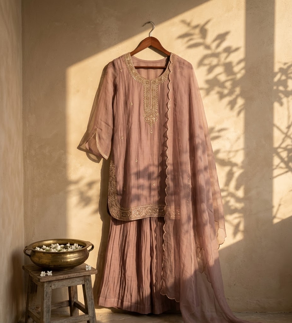 Baby Pink Tissue Beadwork Suit Set with Dupatta