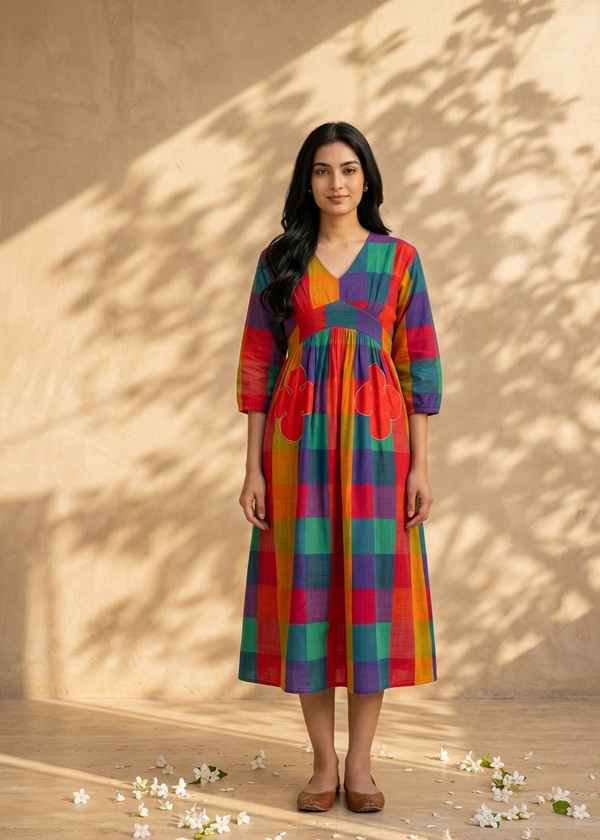 Multi-Colour Mull Cotton V-Neck Dress