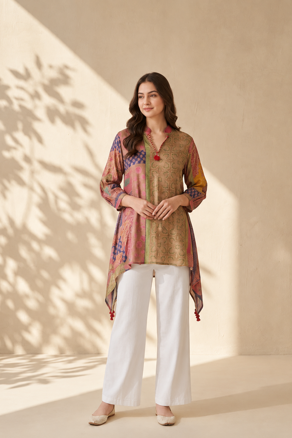 Multicoloured Crepe Mandarin Collared Top