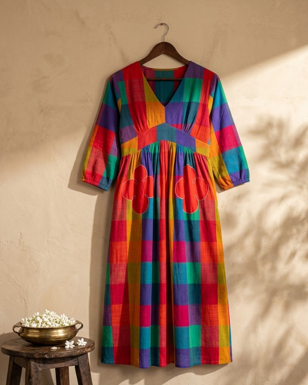 Multi-Colour Mull Cotton V-Neck Dress