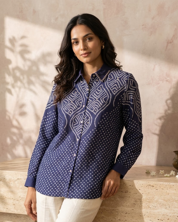 Royal Blue Crepe Bandhani Print Shirt