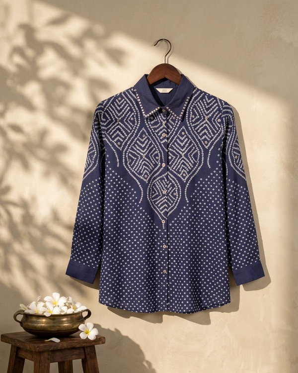 Royal Blue Crepe Bandhani Print Shirt