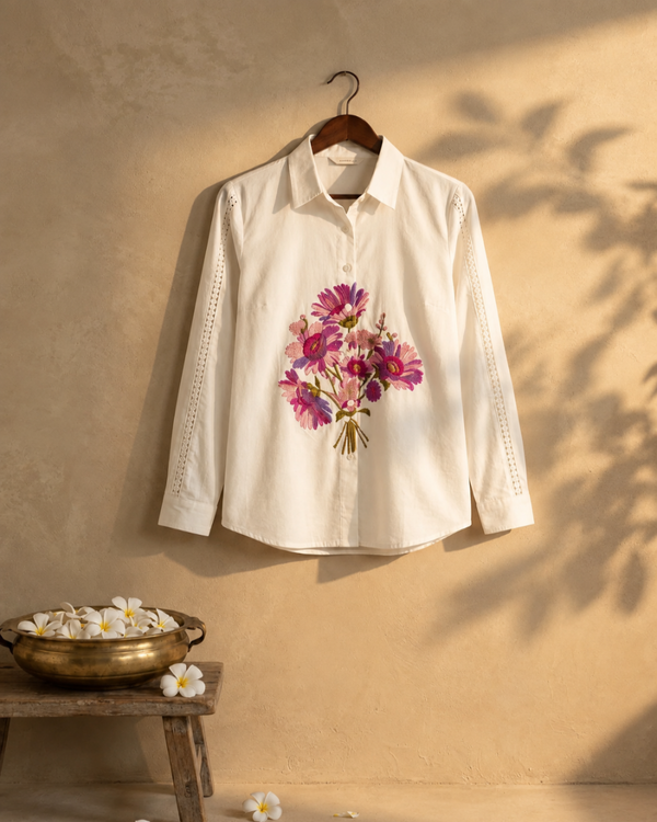 White Pure Cotton Floral Print Shirt
