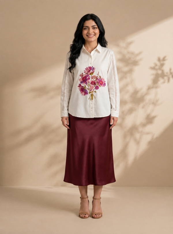 White Pure Cotton Floral Print Shirt