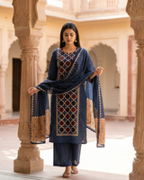 Blue Ajrakh Print Kurti Set with Dupatta