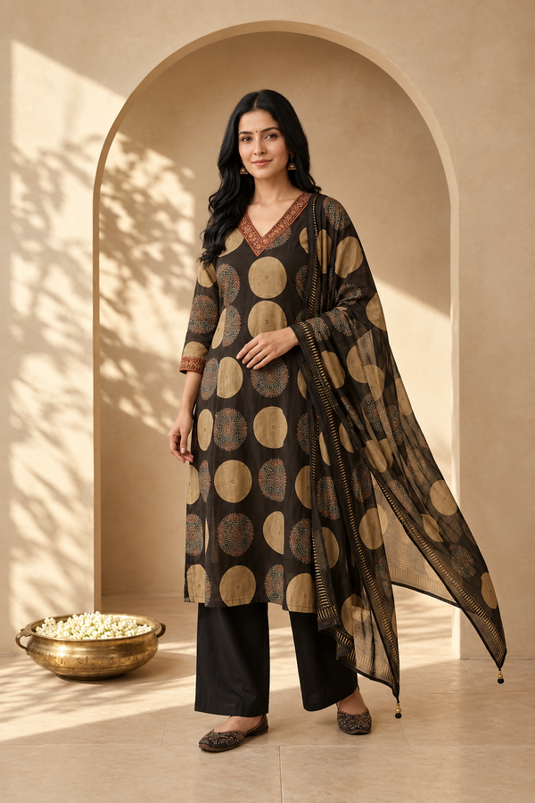 Black Cotton Kurti Set with Dupatta - Mirror Work