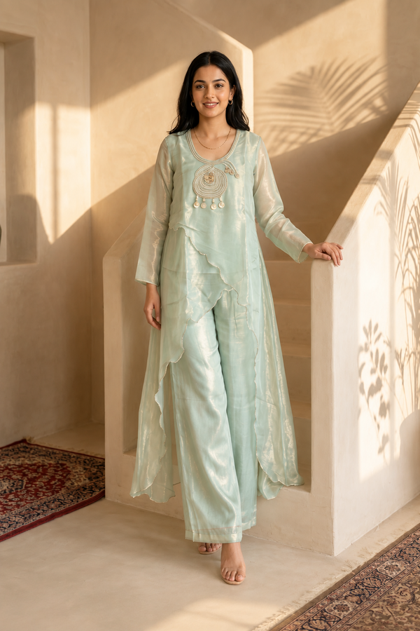 Mint Green Tissue Pearl Work Sharara Set