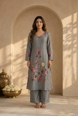 Grey Cotton Blend Embroidery V-Neck Kurti Set