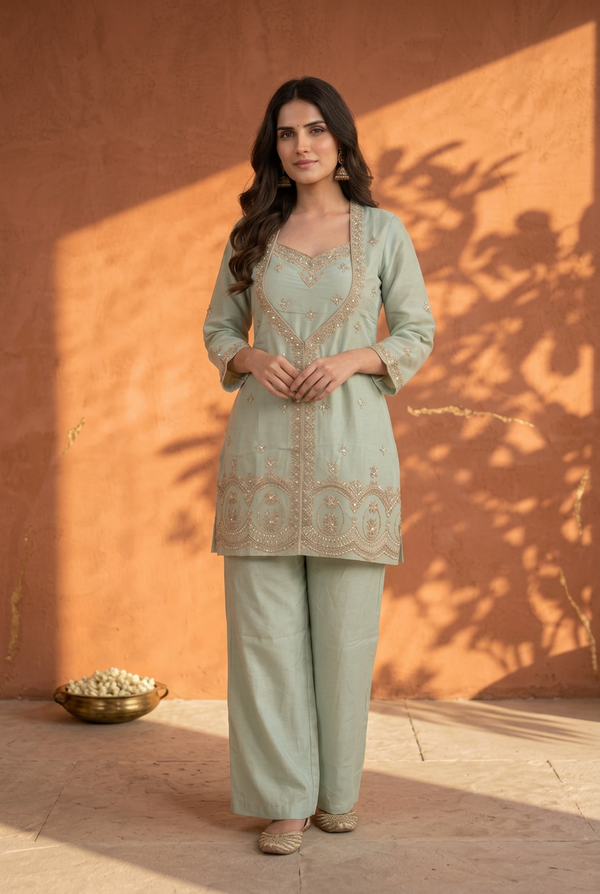 Pista Chinnon Beadwork IndoWestern Co Ord Set