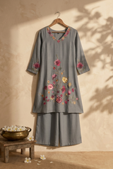 Grey Cotton Blend Embroidery V-Neck Kurti Set
