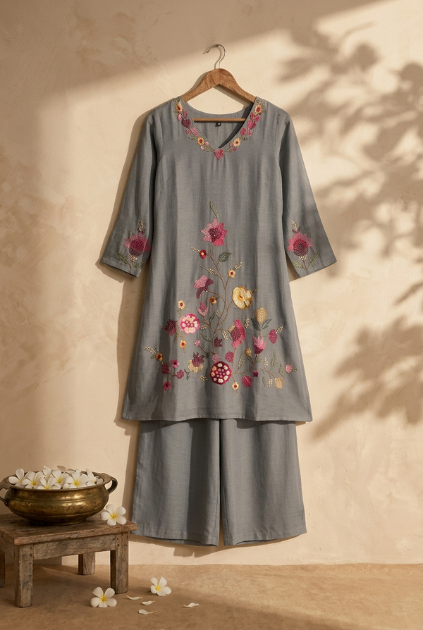 Grey Cotton Blend Embroidery V-Neck Kurti Set