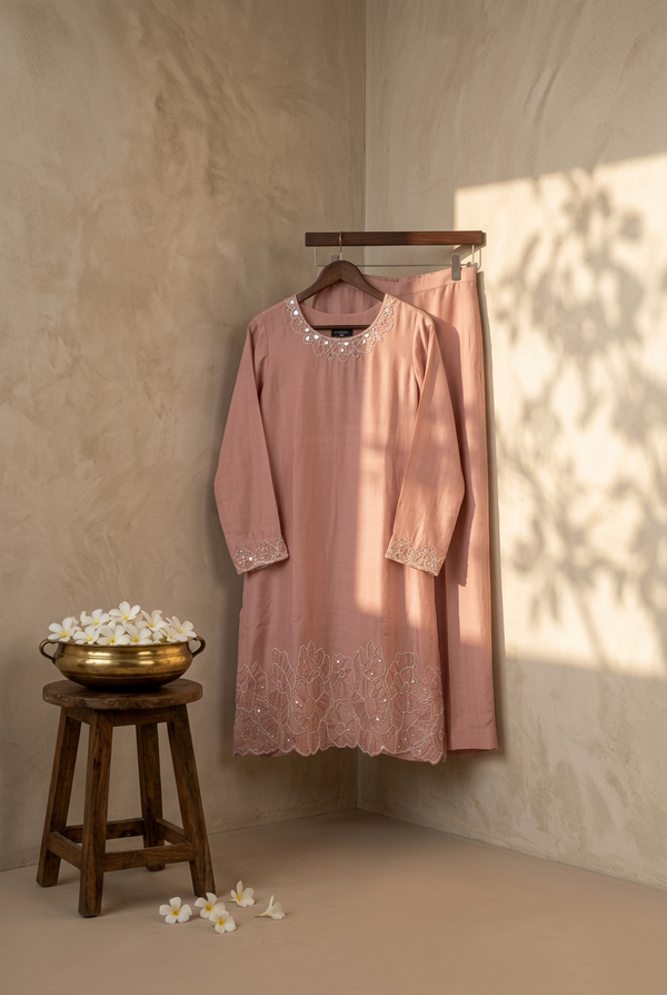 Baby Pink Chinnon Beadwork Kurti Set