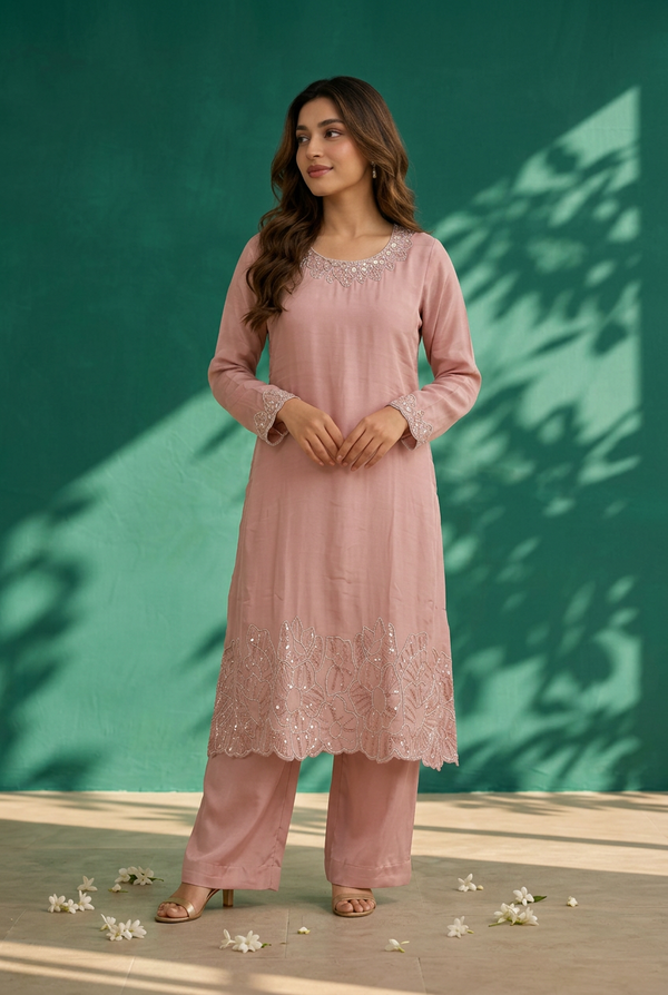Baby Pink Chinnon Beadwork Kurti Set