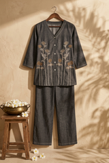 Charcoal Grey Denim Embroidery V-Neck Co Ord Set
