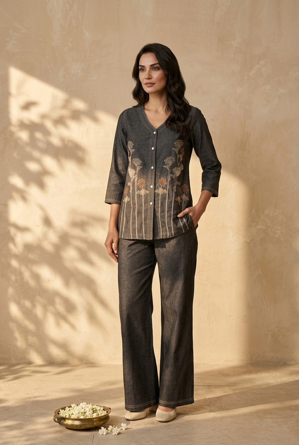 Charcoal Grey Denim Embroidery V-Neck Co Ord Set
