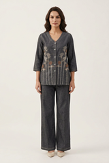Charcoal Grey Denim Embroidery V-Neck Co Ord Set
