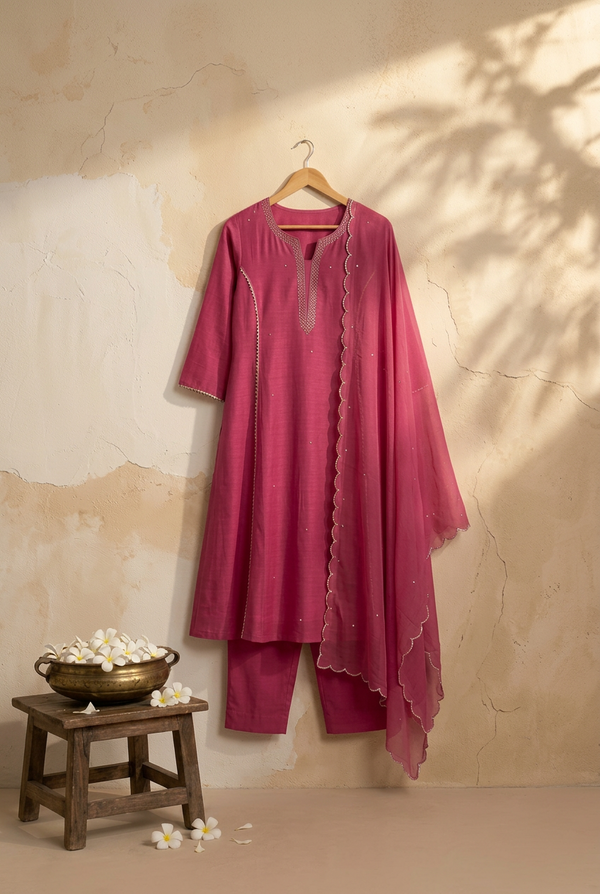Pink Cotton Blend Beadwork Mandarin Collar Kurti Set with Dupatta
