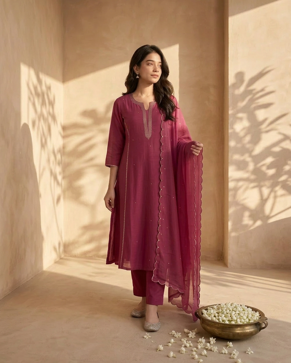 Pink Cotton Blend Beadwork Mandarin Collar Kurti Set with Dupatta
