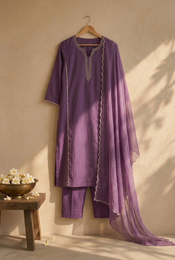 Purple Cotton Blend Beadwork Kurti Set with Dupatta
