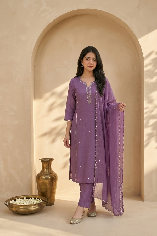 Purple Cotton Blend Beadwork Kurti Set with Dupatta
