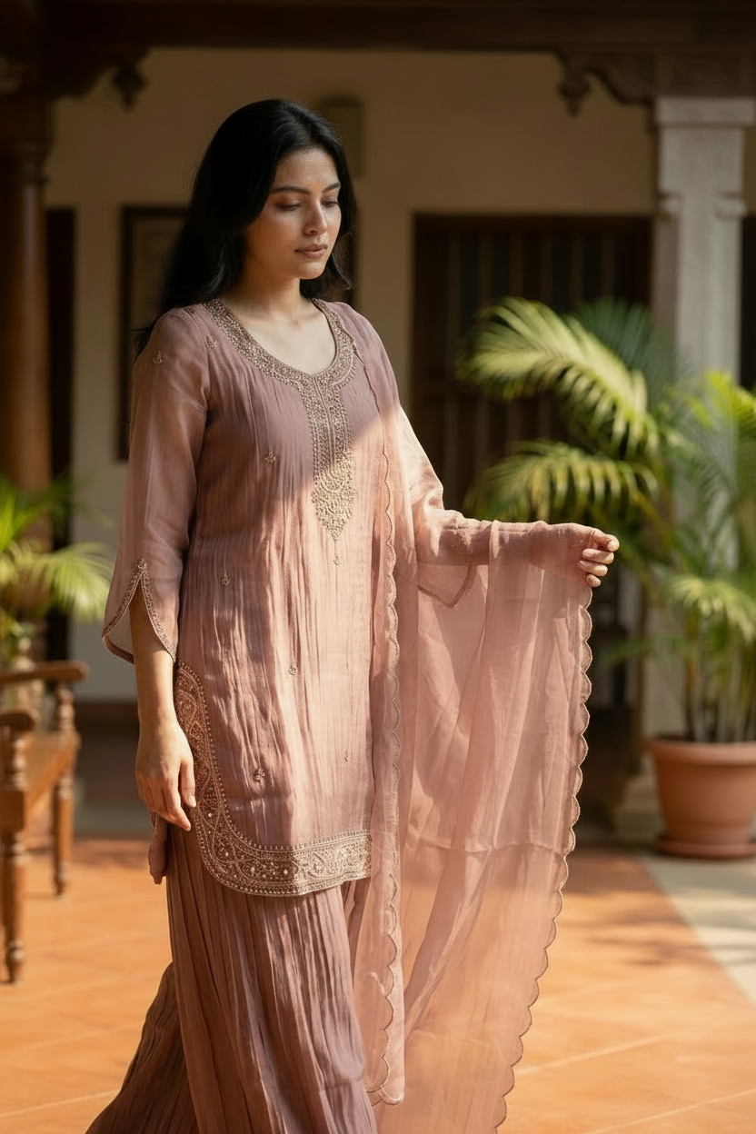 Woman wearing Baby Pink Tissue Beadwork Suit Set with Dupatta | Kunvarani