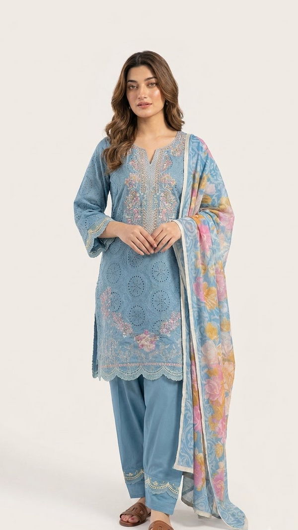 Blue Lucknowi Chikankari Thread Work Kurti Set with Dupatta