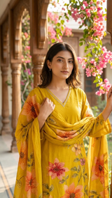 A woman wearing a bright yellow traditional outfit with pink and orange floral patterns, standing in an outdoor corridor with wooden pillars and pink flowers hanging overhead.
