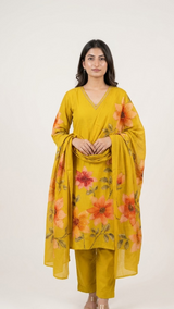 Turmeric Yellow Mull Cotton Knot Work Kurti Set with Dupatta