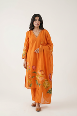 Orange Mull Cotton Knot Work V-Neck Kurti Set with Dupatta