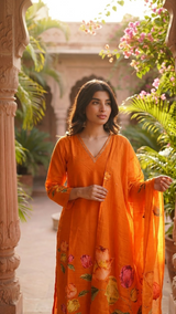 Orange Mull Cotton Knot Work V-Neck Kurti Set with Dupatta