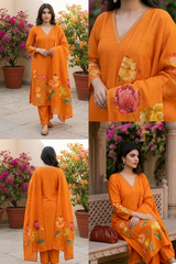 Orange Mull Cotton Knot Work V-Neck Kurti Set with Dupatta