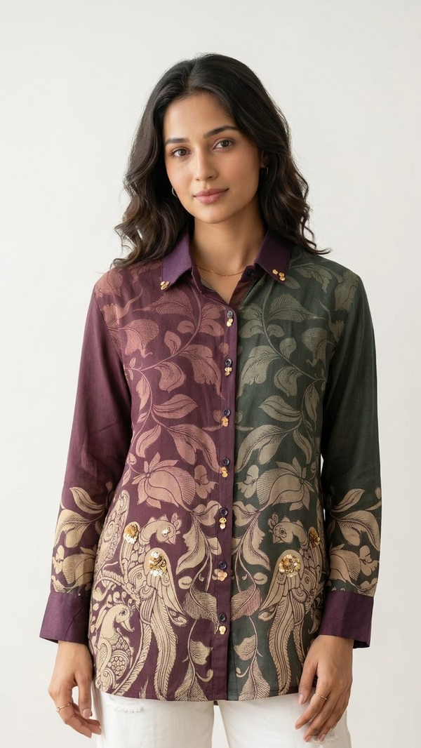 Maroon Muslin Kalamkari Print Shirt