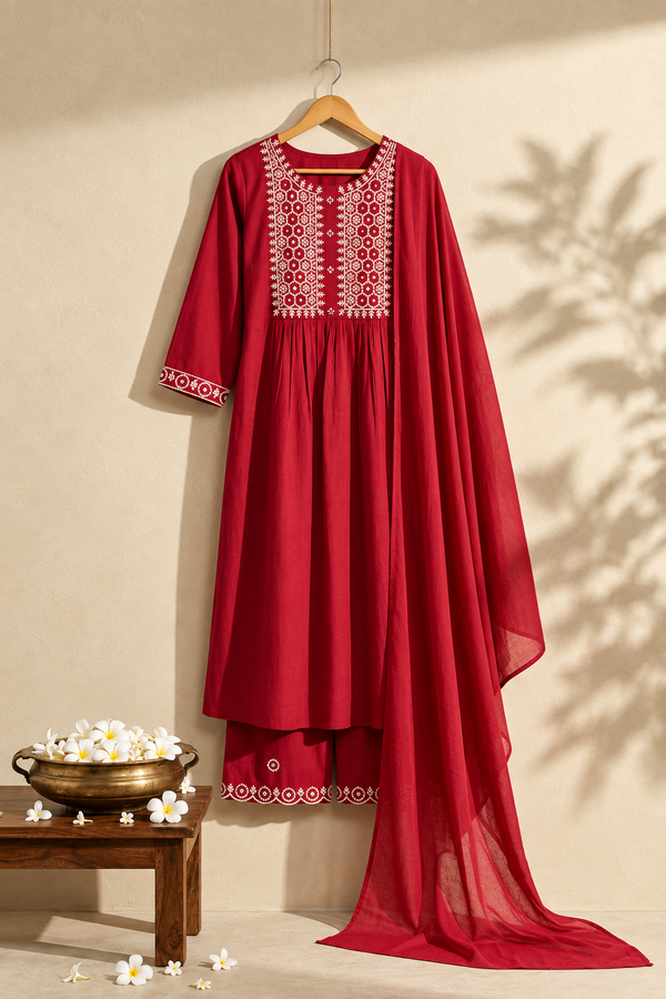 Red Print Kurti Set