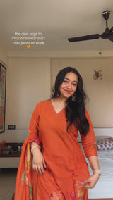 Orange Mull Cotton Knot Work V-Neck Kurti Set with Dupatta