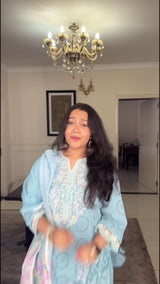 Blue Lucknowi Chikankari Thread Work Kurti Set with Dupatta